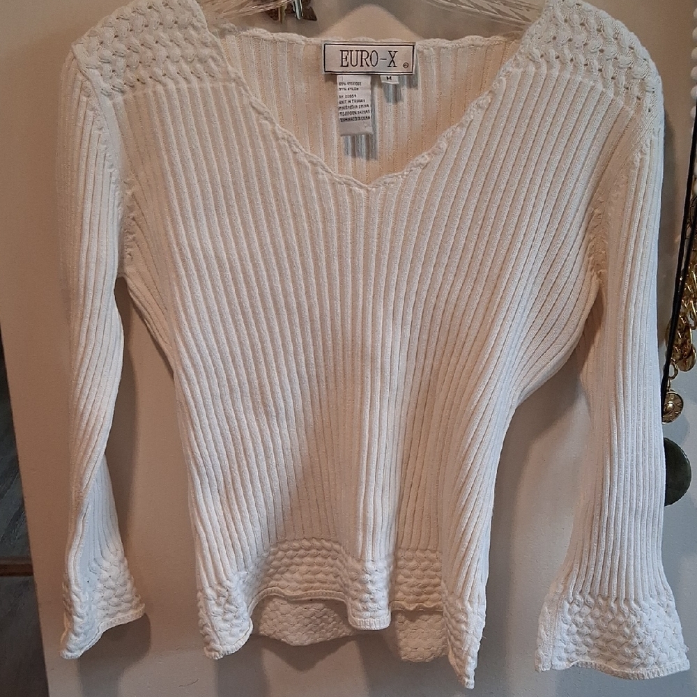 Cream Ribbed V-Neck Sweater Top